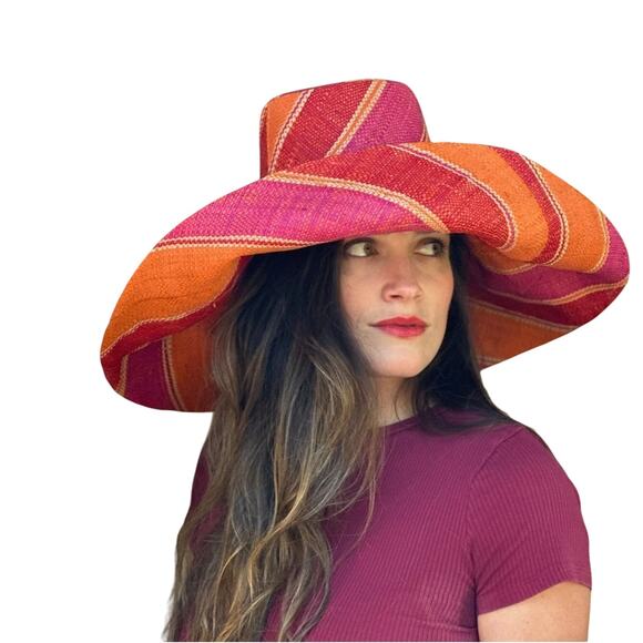 Madagascar Artisan Raffia Wide Brim Sun Hat Coral Orange Striped Packable - Picture 1 of 10